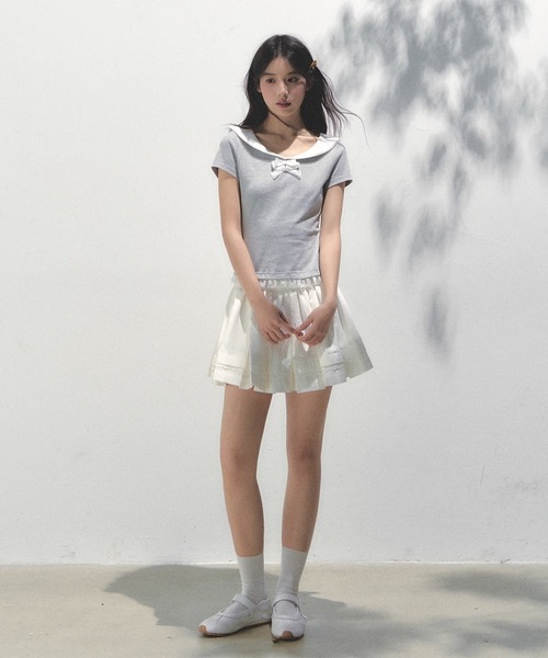 tシャツ ピーターパンカラーリボントップス SP25s086「SunsetPark」「2025SS」 レディース セール】ピーターパンカラーリボントップス SP25s086