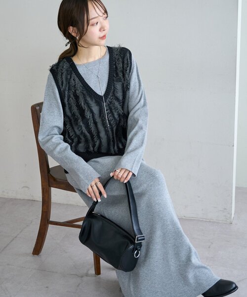 サイズ展開あり】フリンジベスト付ニットワンピース（ワンピース