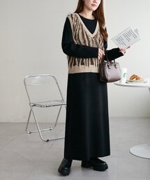 【サイズ展開あり】フリンジベスト付ニットワンピース