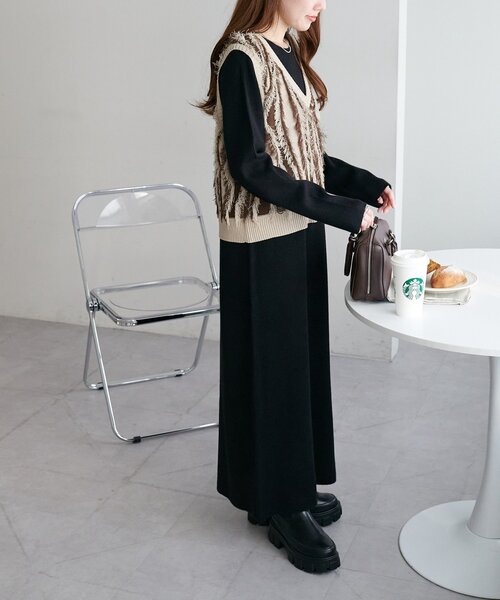 DISCOAT フリンジベスト付きニットワンピース ブラック セール】【サイズ展開あり】フリンジベスト付ニットワンピース