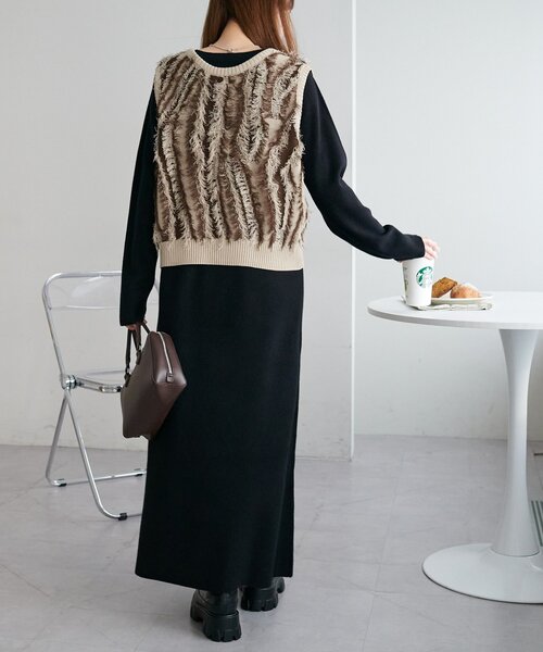 セール】【サイズ展開あり】フリンジベスト付ニットワンピース