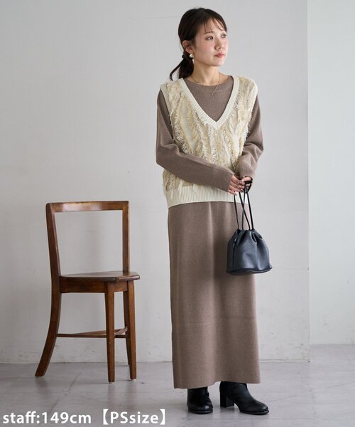 セール】【サイズ展開あり】フリンジベスト付ニットワンピース