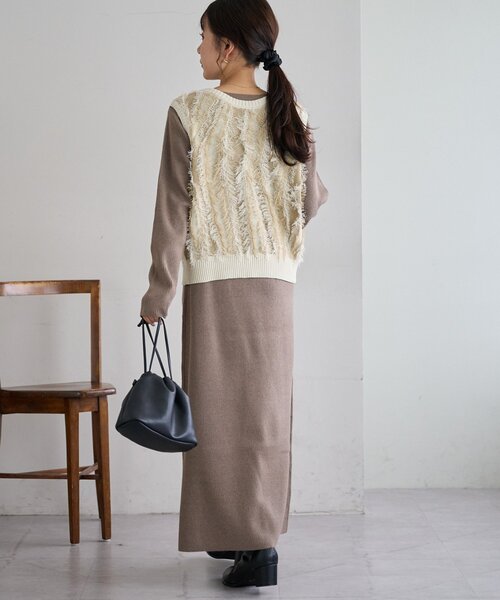 セール】【サイズ展開あり】フリンジベスト付ニットワンピース