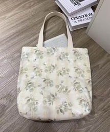フラワープリント レース刺繍キャンバストートバッグ