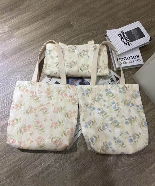 aimoha(アイモハ)の「フラワープリント レース刺繍キャンバストートバッグ(トートバッグ・レディース・ブルー/グリーン/ピンク・FREE)」の8枚目の写真