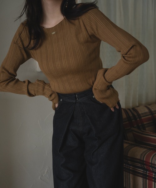 mideal(マイディール)の「long sleeve rib knit / ロングスリーブリブニット(ニット/セーター・レディース・ライトブラウン/ブルーグリーン/カーキ/ライトグレー/ダークブラウン/ピンク/ボルドー/グレイッシュブルー/アイボリー/ベージュ・FREE)」の5枚目の写真