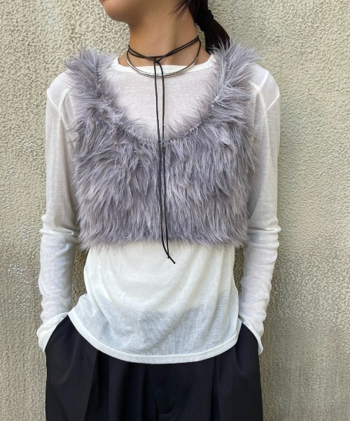 ANAYI フォックスファー付きニットポンチョ ラメ&スパンコール グレー 38 ANAYI フォックスファー付きニットポンチョ ラメ&スパンコール