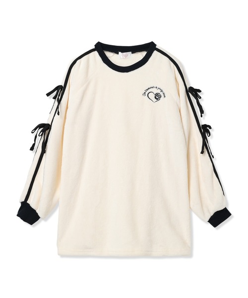 Amourire girl（アムリールガール）の「ラムフリース 袖リボンチュニックプルオーバー（スウェット・キッズ・ピンク/オフホワイト・160cm/150cm/140cm/130cm）」の4枚目の写真