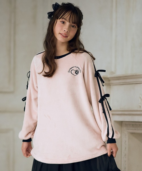 ラムフリース 袖リボンチュニックプルオーバー（スウェット