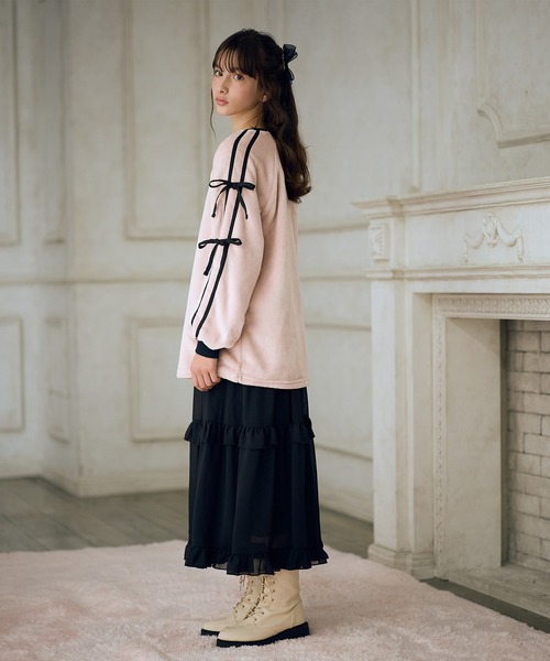 KRGyori 袖リボンチュニック　ホワイト　38 ラムフリース 袖リボンチュニックプルオーバー（スウェット