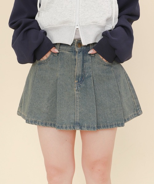 WOND(ウォンド)の「WOND/タックデニムミニスカパン(デニムスカート・レディース・インディゴブルー/ライトインディゴブルー・FREE)」の2枚目の写真