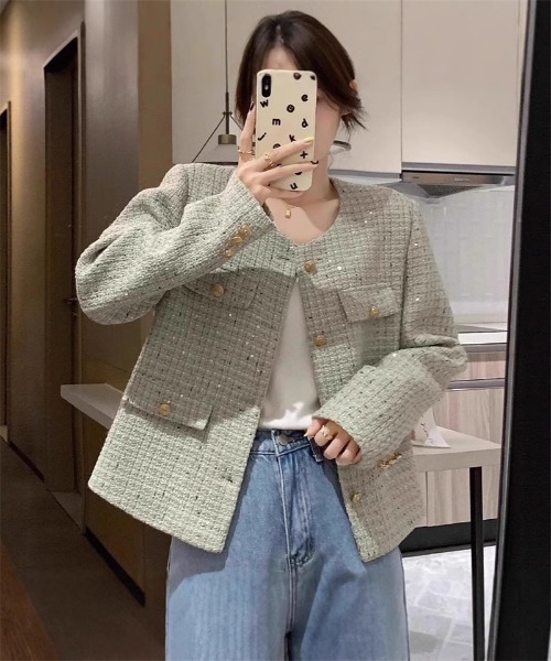 Ritzy（リッツィー）の「ゴールドボタン ノーカラーツィードジャケット（ノーカラージャケット・レディース・ミント/ホワイト・M/L）」の2枚目の写真