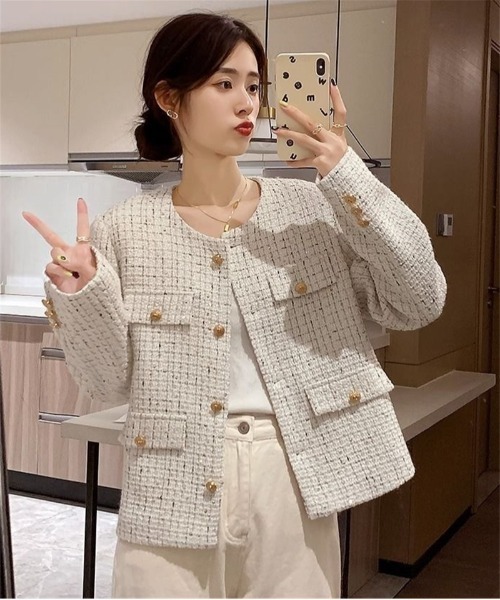 Ritzy（リッツィー）の「ゴールドボタン ノーカラーツィードジャケット（ノーカラージャケット・レディース・ミント/ホワイト・M/L）」の4枚目の写真