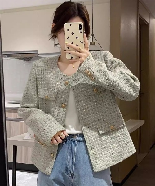 Ritzy（リッツィー）の「ゴールドボタン ノーカラーツィードジャケット（ノーカラージャケット・レディース・ミント/ホワイト・M/L）」の5枚目の写真