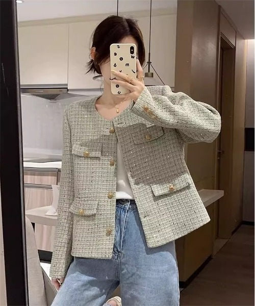 Ritzy（リッツィー）の「ゴールドボタン ノーカラーツィードジャケット（ノーカラージャケット・レディース・ミント/ホワイト・M/L）」の6枚目の写真