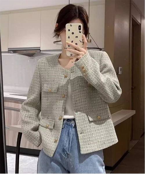 Ritzy（リッツィー）の「ゴールドボタン ノーカラーツィードジャケット（ノーカラージャケット・レディース・ミント/ホワイト・M/L）」の7枚目の写真