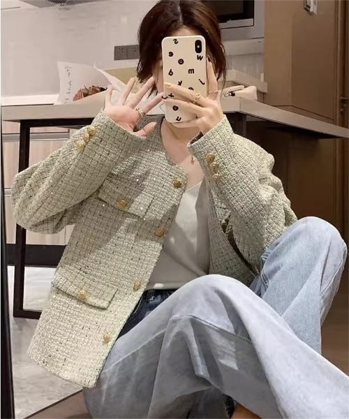 Ritzy（リッツィー）の「ゴールドボタン ノーカラーツィードジャケット（ノーカラージャケット・レディース・ミント/ホワイト・M/L）」の10枚目の写真