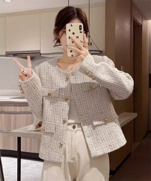 Ritzy（リッツィー）の「ゴールドボタン ノーカラーツィードジャケット（ノーカラージャケット・レディース・ミント/ホワイト・M/L）」の11枚目の写真