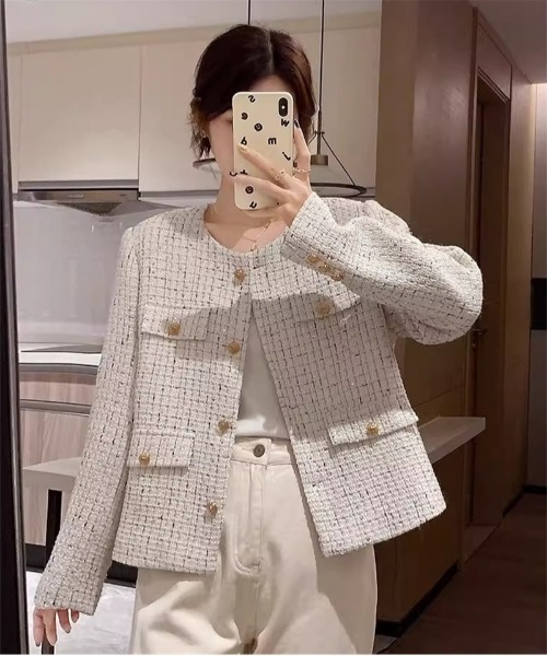 Ritzy（リッツィー）の「ゴールドボタン ノーカラーツィードジャケット（ノーカラージャケット・レディース・ミント/ホワイト・M/L）」の12枚目の写真