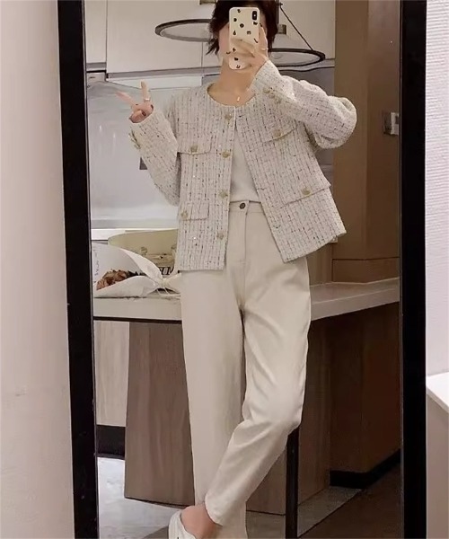 Ritzy（リッツィー）の「ゴールドボタン ノーカラーツィードジャケット（ノーカラージャケット・レディース・ミント/ホワイト・M/L）」の13枚目の写真