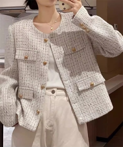 Ritzy（リッツィー）の「ゴールドボタン ノーカラーツィードジャケット（ノーカラージャケット・レディース・ミント/ホワイト・M/L）」の14枚目の写真