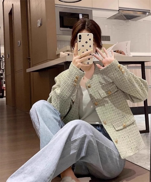 Ritzy（リッツィー）の「ゴールドボタン ノーカラーツィードジャケット（ノーカラージャケット・レディース・ミント/ホワイト・M/L）」の15枚目の写真