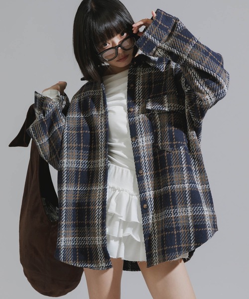 Chick（チック）の「Checkered Shirt Jacket / チェック柄シャツジャケット（カバーオール・レディース・ネイビー/ブラウン/アイボリー・FREE）」の3枚目の写真