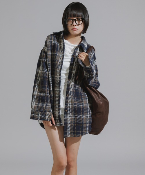 Chick（チック）の「Checkered Shirt Jacket / チェック柄シャツジャケット（カバーオール・レディース・ネイビー/ブラウン/アイボリー・FREE）」の10枚目の写真