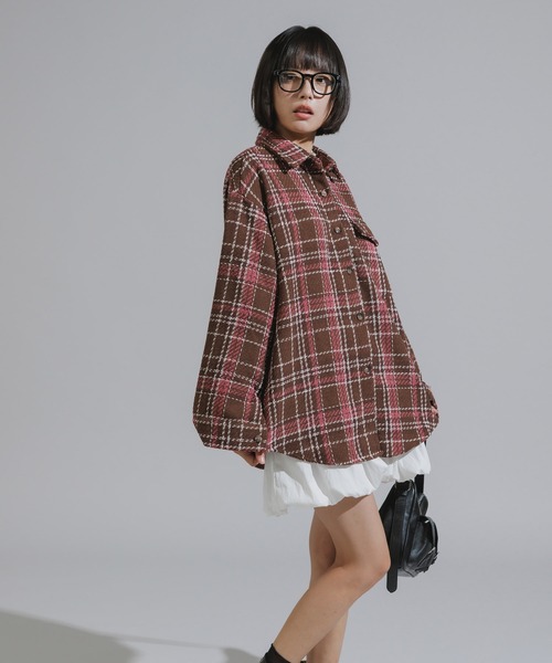 Chick（チック）の「Checkered Shirt Jacket / チェック柄シャツジャケット（カバーオール・レディース・ネイビー/ブラウン/アイボリー・FREE）」の4枚目の写真