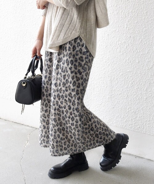 SHIPS any レオパード ジャカード Iライン イージー スカート SHIPS any:〈手洗い可能〉レオパード ジャカード Iライン イージー