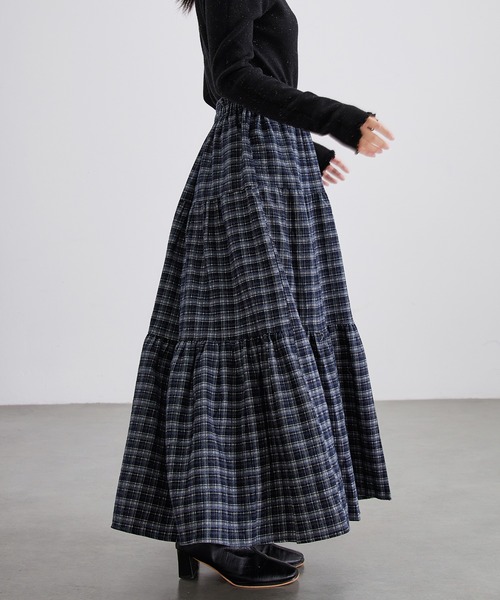 セール】チェック柄 ティアード ギャザー ロング スカート（スカート