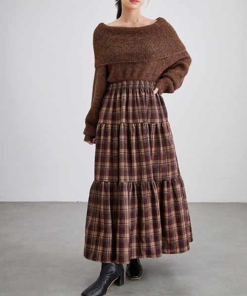 セール】チェック柄 ティアード ギャザー ロング スカート（スカート