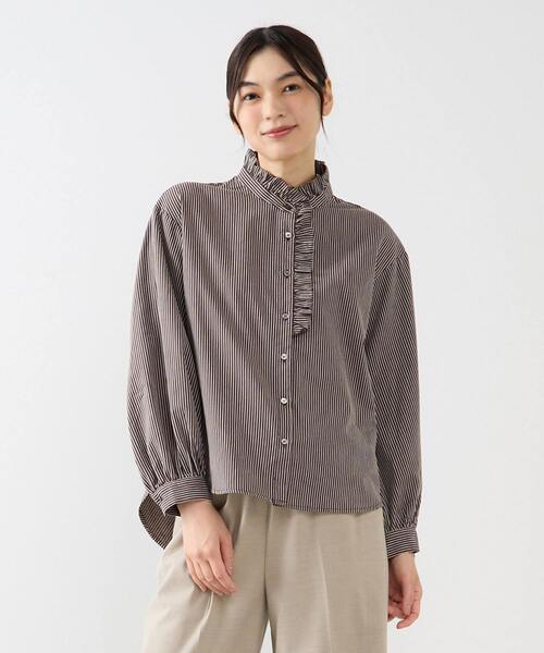 MELROSE claire(メルローズ クレール)の「【無地&ストライプアソートフリルシャツ】(シャツ/ブラウス・レディース・ブラウン/ネイビー/キナリ/ナチュラル・FREE)」の3枚目の写真