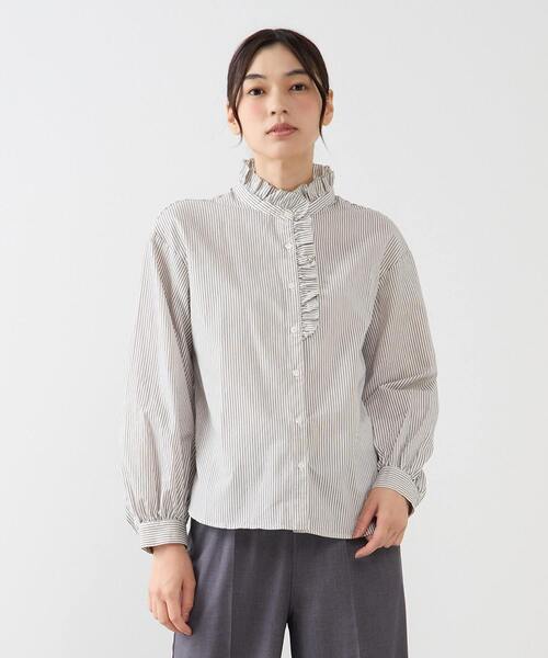 MELROSE claire(メルローズ クレール)の「【無地&ストライプアソートフリルシャツ】(シャツ/ブラウス・レディース・ブラウン/ネイビー/キナリ/ナチュラル・FREE)」の2枚目の写真