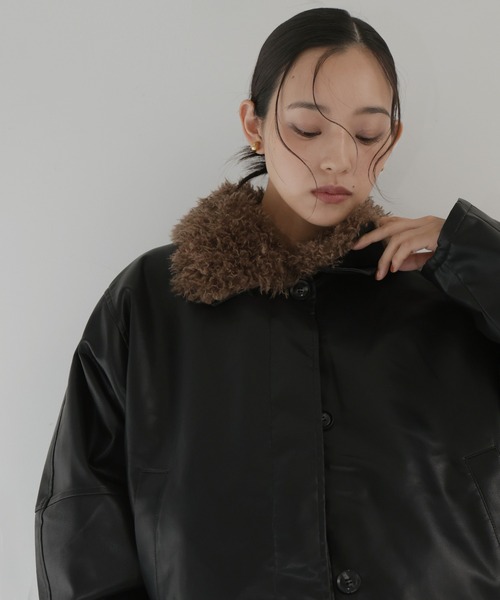 襟ボアフェイクレザー中綿ブルゾン（ライダースジャケット）｜hellam