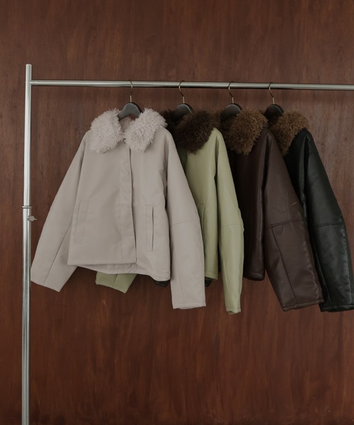 襟ボアフェイクレザー中綿ブルゾン（ライダースジャケット）｜hellam