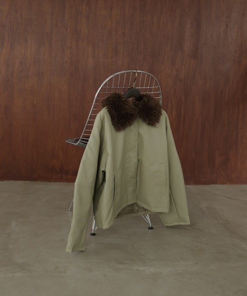 襟ボアフェイクレザー中綿ブルゾン（ライダースジャケット）｜hellam