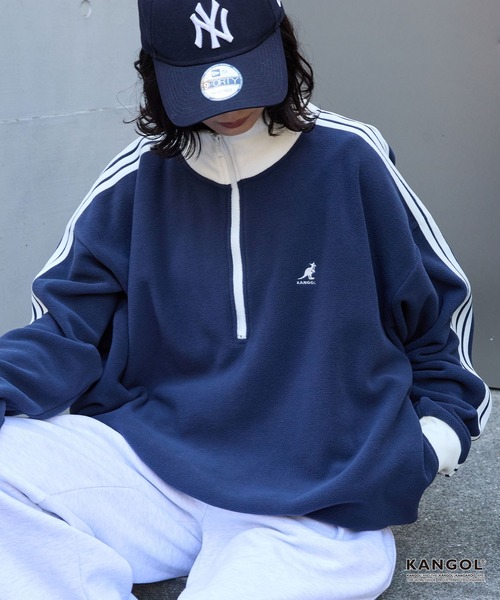 KANGOL（カンゴール）の「KANGOL/カンゴール 別注 <帯電防止/抗ピリング> ロゴ刺繍 ドロスト 配色 オーバーサイズ ボアフリース ハーフジップ スウェット（スウェット・メンズ・ブラック/アイボリー/チャコール/ブラウン/ネイビー/ワイン・M/L）」の5枚目の写真