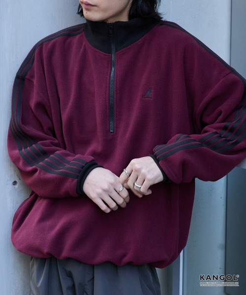 KANGOL（カンゴール）の「KANGOL/カンゴール 別注 <帯電防止/抗ピリング> ロゴ刺繍 ドロスト 配色 オーバーサイズ ボアフリース ハーフジップ スウェット（スウェット・メンズ・ブラック/アイボリー/チャコール/ブラウン/ネイビー/ワイン・M/L）」の6枚目の写真