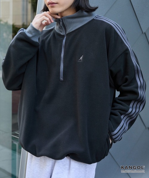 KANGOL（カンゴール）の「KANGOL/カンゴール 別注 <帯電防止/抗ピリング> ロゴ刺繍 ドロスト 配色 オーバーサイズ ボアフリース ハーフジップ スウェット（スウェット・メンズ・ブラック/アイボリー/チャコール/ブラウン/ネイビー/ワイン・M/L）」の2枚目の写真