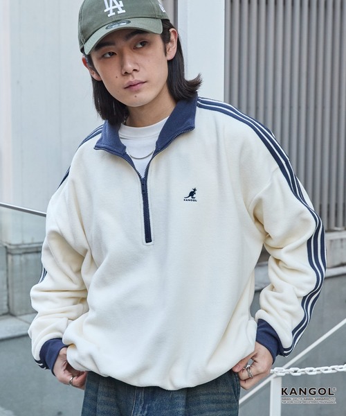 KANGOL（カンゴール）の「KANGOL/カンゴール 別注 <帯電防止/抗ピリング> ロゴ刺繍 ドロスト 配色 オーバーサイズ ボアフリース ハーフジップ スウェット（スウェット・メンズ・ブラック/アイボリー/チャコール/ブラウン/ネイビー/ワイン・M/L）」の7枚目の写真