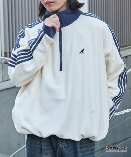 KANGOL（カンゴール）の「KANGOL/カンゴール 別注 <帯電防止/抗ピリング> ロゴ刺繍 ドロスト 配色 オーバーサイズ ボアフリース ハーフジップ スウェット（スウェット・メンズ・ブラック/アイボリー/チャコール/ブラウン/ネイビー/ワイン・M/L）」の8枚目の写真