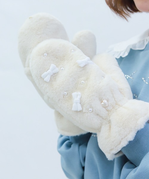 axes femme POETIQUE（アクシーズファムポエティック）の「リボン×パールファーミトン（手袋・レディース・サックスブルー/ピンク/キナリ・FREE）」の2枚目の写真