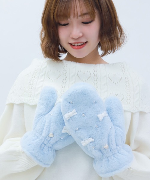 axes femme POETIQUE（アクシーズファムポエティック）の「リボン×パールファーミトン（手袋・レディース・サックスブルー/ピンク/キナリ・FREE）」の7枚目の写真