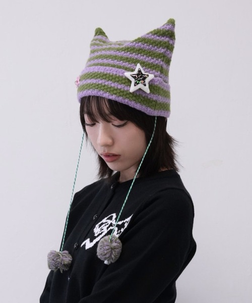 cunii 】星 モチーフ ボーダー ニット キャット ハット レディース