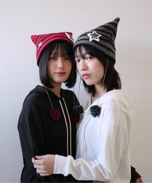 cunii 】星 モチーフ ボーダー ニット キャット ハット レディース