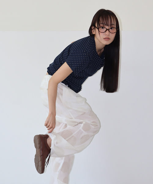 RONRON(ロンロン)の「DOT RUFFLE HALF SLEEVE T SHIRT NAVY(Tシャツ/カットソー・レディース・その他・FREE)」の3枚目の写真