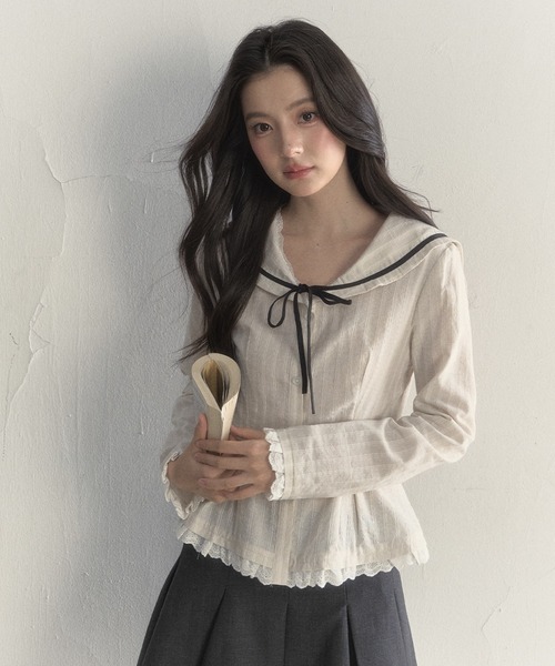 セーラーカラー ストライプブラウス SP25a020【SunsetPark】【2025AW