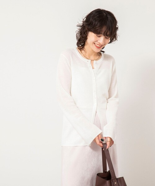 NOLLEY’S Sophi（ノーリーズソフィ）の「《手洗い可能》モヘヤ混片畦ミディ丈Cネックカーディガン（カーディガン/ボレロ・レディース・ネイビー/ホワイト/クリーム・38）」の13枚目の写真