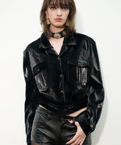 フラップポケットフェイクレザークロップジャケット[ブラック(WOMAN)]_